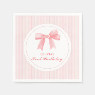 Serviette En Papier Coquette Bow rose et rayures 1er anniversaire