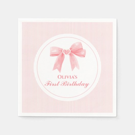 Serviette En Papier Coquette Bow rose et rayures 1er anniversaire (Devant)