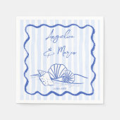 Serviette En Papier Coquillages bleu ondulé bordé mariage plage (Devant)
