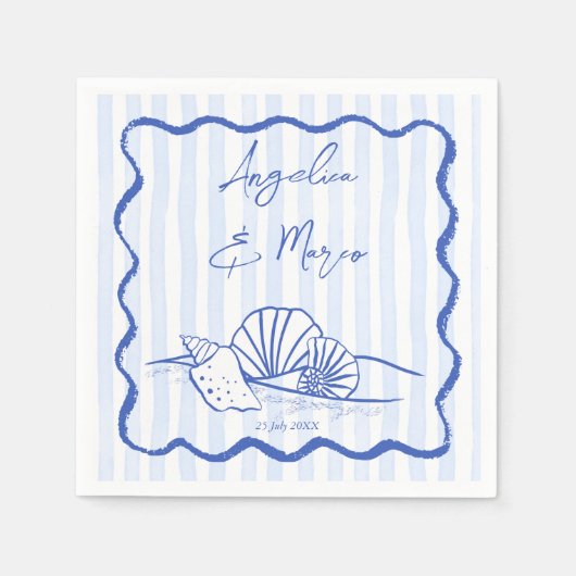 Serviette En Papier Coquillages bleu ondulé bordé mariage plage (Devant)