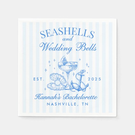 Serviette En Papier Coquillages bleus rétro et cloches Mariages Bachel (Devant)
