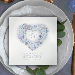 Serviette En Papier Coquilles de mer aquarelle coeur plage bleu