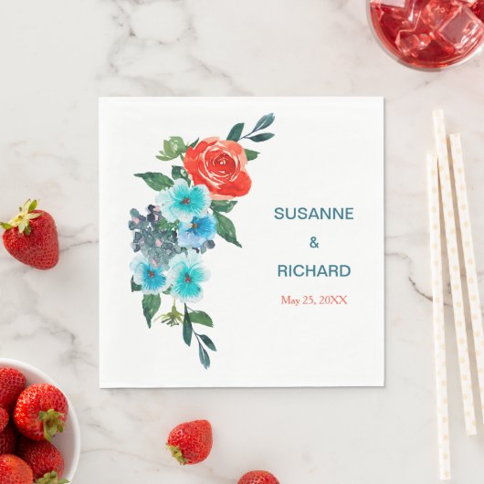 Serviette En Papier Corail et Aqua Floral Mariage (En situation)