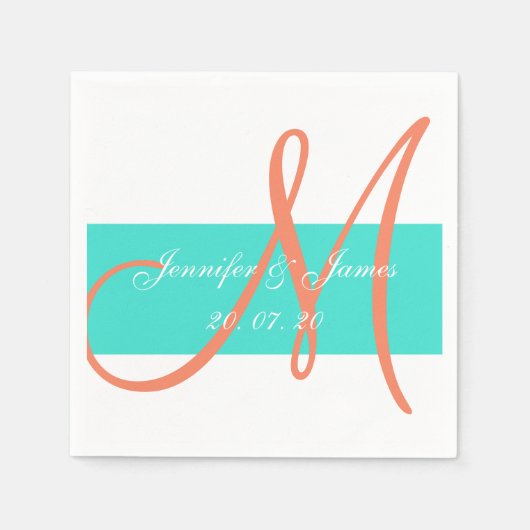 Serviette En Papier Corail et Turquoise Papier Mariage moderne serviet (Devant)