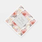 Serviette En Papier Corail Foncé Fleurs Grises Anniversaire (Coin)