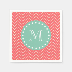 Serviette En Papier Coral Chevron Motif Monogramme vert à la menthe