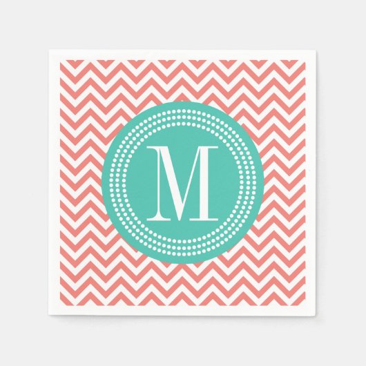 Serviette En Papier Coral Chevron Zigzag Monogramme personnalisé (Devant)