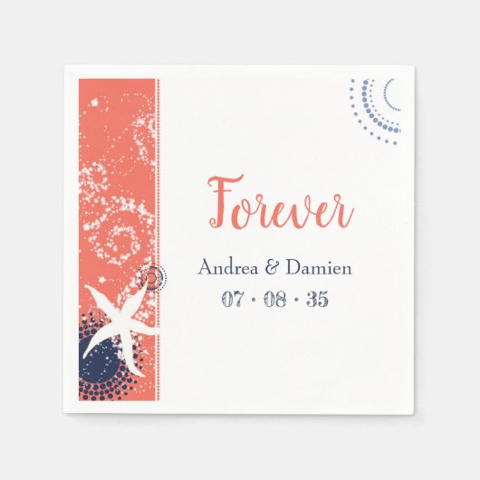 Serviette En Papier Coral & Marine Blue Nautical Beach Mariage (Devant)