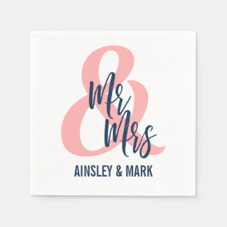 Serviette En Papier Coral Pink & Navy Blue Mr & Mrs Mariage