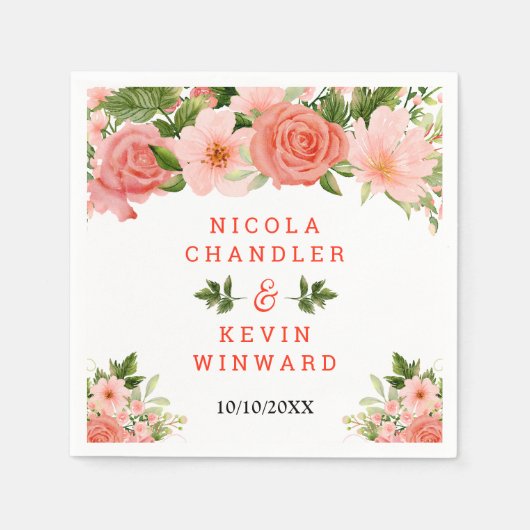 Serviette En Papier Coral Red Roses with Foliage (Devant)