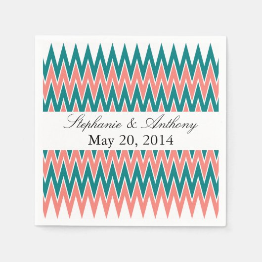 Serviette En Papier Coral rose et Turquoise Mariage Zigzag (Devant)