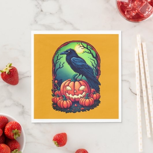 Serviette En Papier Corbeau d'Halloween dans un Patch Citrouille (En situation)
