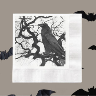 Serviette En Papier Corbeau noir sur branches noueuses noir et blanc
