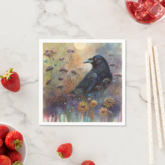 Serviette En Papier Corbeau peint à la main avec Fleurs sauvages