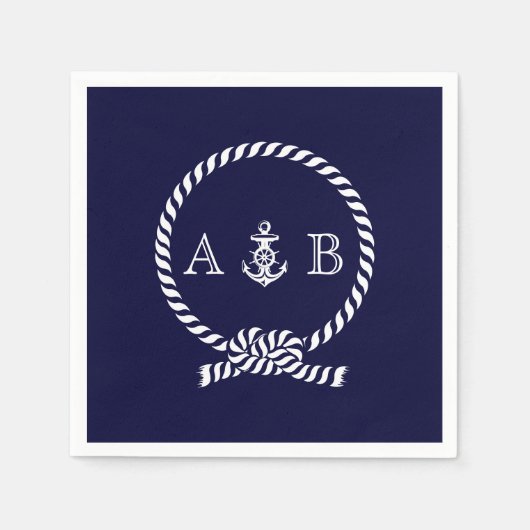 Serviette En Papier Cordon bleu marine et Ancre monogrammé (Devant)
