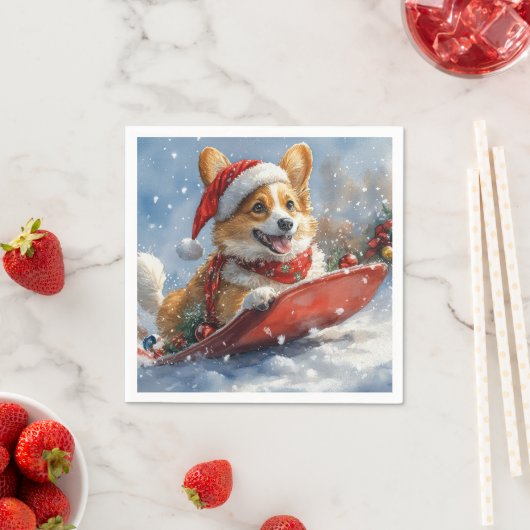 Serviette En Papier Corgi Dog in Sledge laissez passer Noël (En situation)