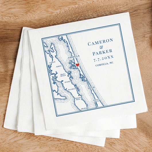 Serviette En Papier Corolla NC Outer Banks Map Navy Elegant Wedding