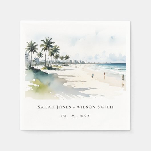 Serviette En Papier Côte Miami Beach Palm Tree Mariage d'aquarelle (Devant)
