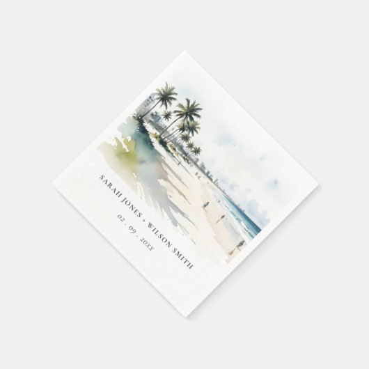 Serviette En Papier Côte Miami Beach Palm Tree Mariage d'aquarelle (Coin)