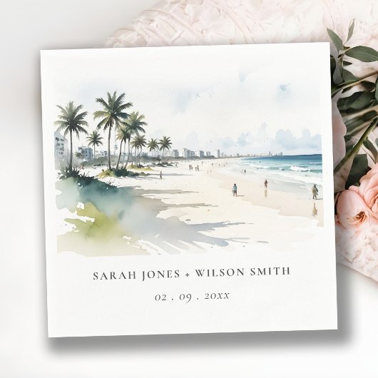 Serviette En Papier Côte Miami Beach Palm Tree Mariage d'aquarelle