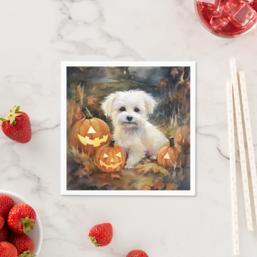 Serviette En Papier Coton De Tulear Halloween Avec Peur Citrouille (En situation)