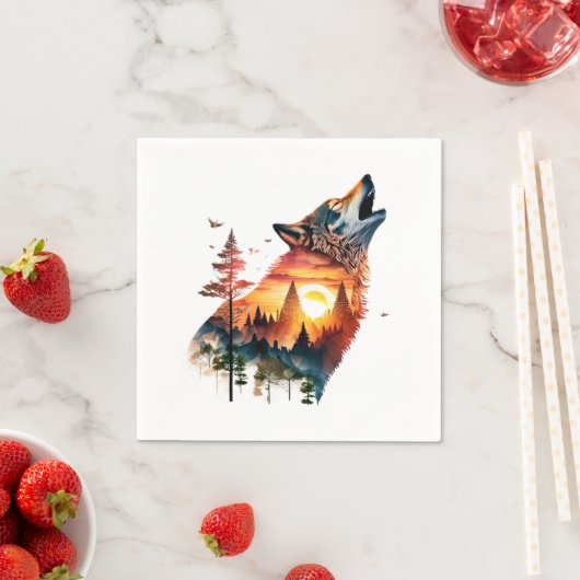 Serviette En Papier Coucher de soleil à double exposition du loup hurl (En situation)