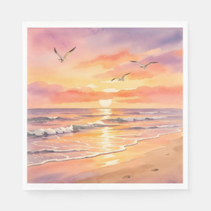 Serviette En Papier Coucher de soleil à la plage avec des oiseaux