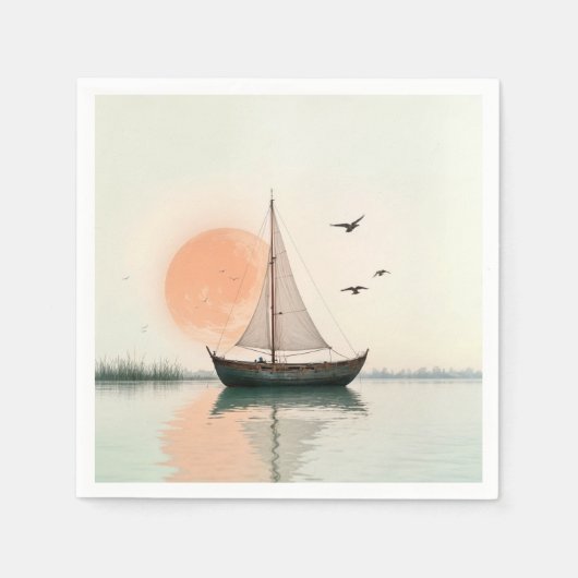 Serviette En Papier Coucher De Soleil De Bateau Avec Mouettes (Devant)
