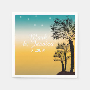 Serviette En Papier Coucher de soleil moderne bleu jaune tropical palm
