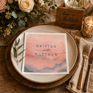 Serviette En Papier Coucher de soleil montagne aquarelle mariage rusti