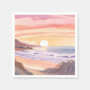 Serviette En Papier Coucher de soleil rose sur la mer Peinture aquar