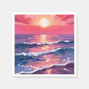 Serviette En Papier Coucher de soleil rose vagues d'océan violet aquar