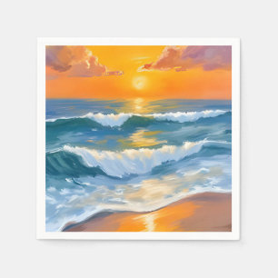 Serviette En Papier Coucher de soleil sur la mer orange Peinture aquar