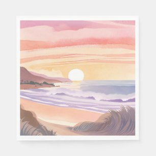 Serviette En Papier Coucher de soleil sur la mer rose   Peinture aquar