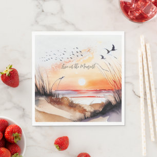 Serviette En Papier Coucher de soleil sur la plage avec des oiseaux