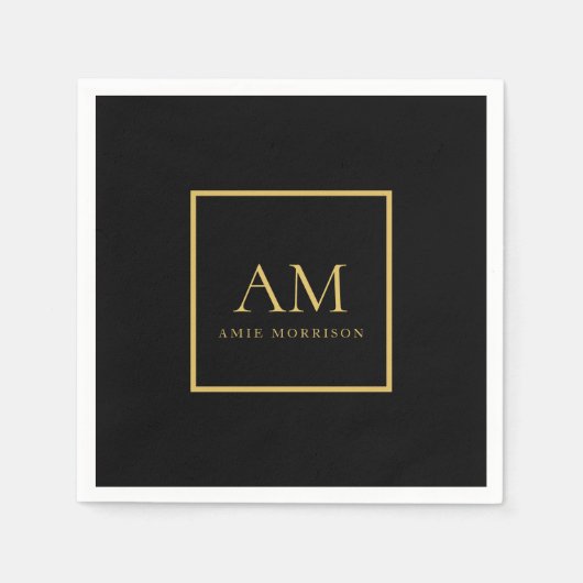 Serviette En Papier Couleurs Or Noir Monogramme Lettre Initiale Nom (Devant)