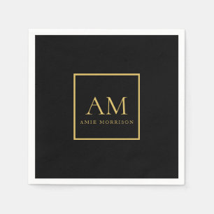 Serviette En Papier Couleurs Or Noir Monogramme Lettre Initiale Nom