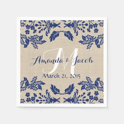 Serviette En Papier Country Garden Damask Blue et Burlap (Devant)