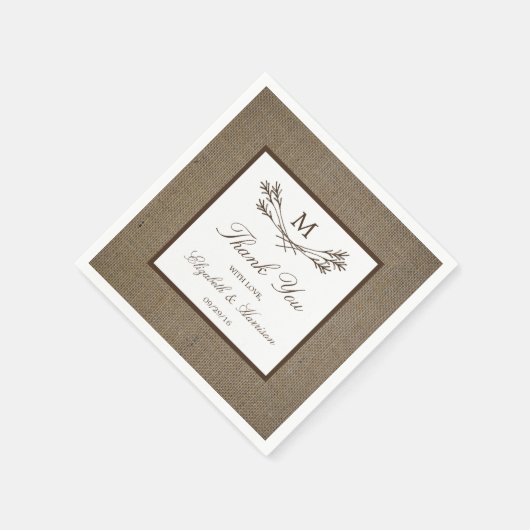 Serviette En Papier Country Rustic Monogramme Branche & Mariage Burlap (Coin)