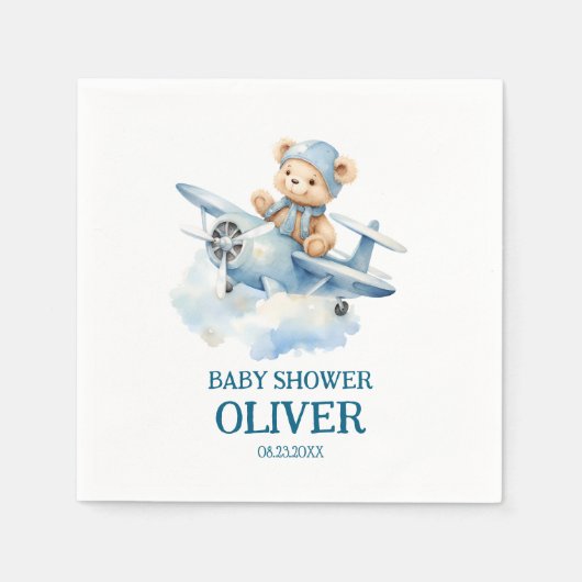 Serviette En Papier Coupe Bear Blue Plane Time Vol Un 1er anniversaire (Devant)