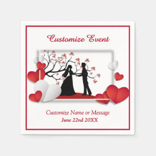 Serviette En Papier Couple Romantique Silhouette Cœurs Rouges Personna
