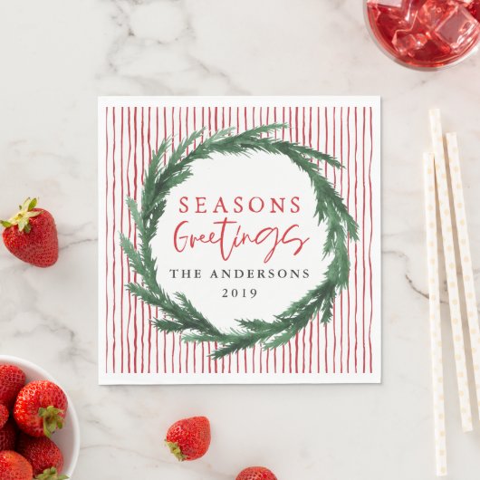 Serviette En Papier couronne d'aquarelle Joyeuses Fêtes + tartan (En situation)