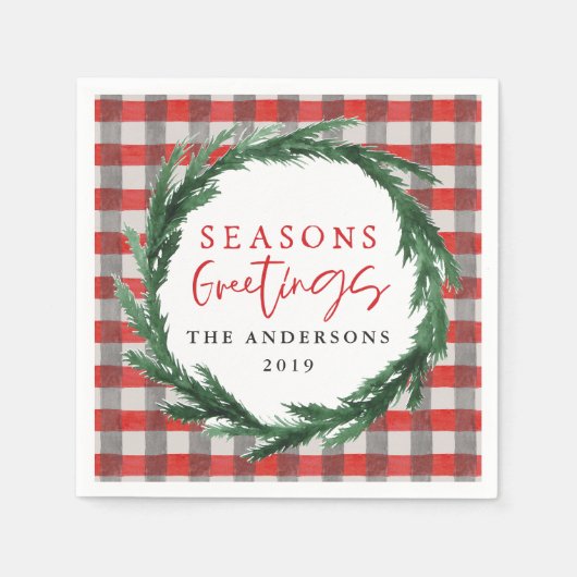 Serviette En Papier couronne d'aquarelle Joyeuses Fêtes + tartan (Devant)