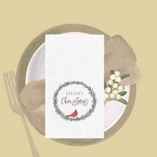Serviette En Papier Couronne de baies rouges et cardinal rouge de Noël