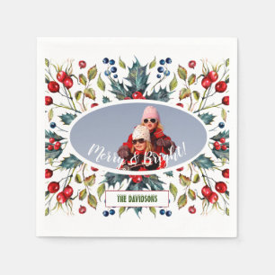 Serviette En Papier Couronne de baies saintes de Noël Photo Monogramme