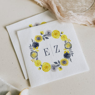 Serviette En Papier Couronne de fleurs bohème jaune gris Monogramme Ma