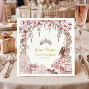 Serviette En Papier Couronne de fleurs en or et rose blush pour Quince