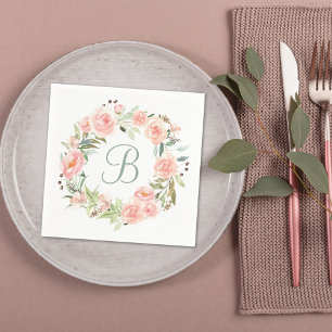 Serviette En Papier Couronne de fleurs rose pastel monogrammée