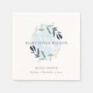 SERVIETTE EN PAPIER COURONNE DE MARIAGE BLEU OR ÉLÉGANT FEUILLAGE