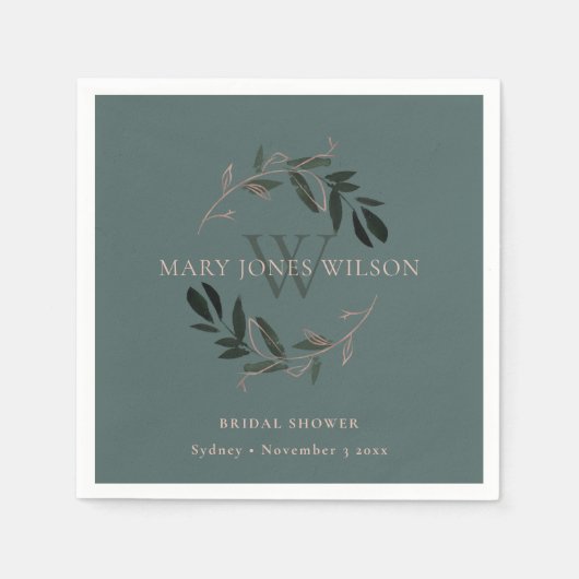 SERVIETTE EN PAPIER COURONNE DE MARIAGE FEUILLES VERT CHIC ROSE (Devant)